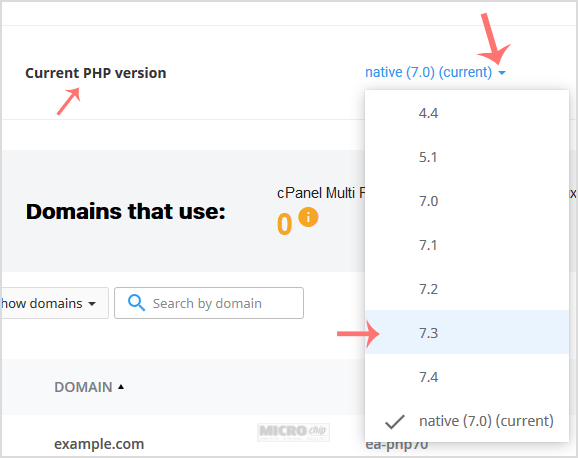cP CL current PHP version option