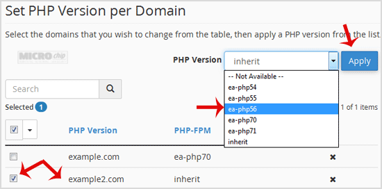 cpanel multiphp select second domain