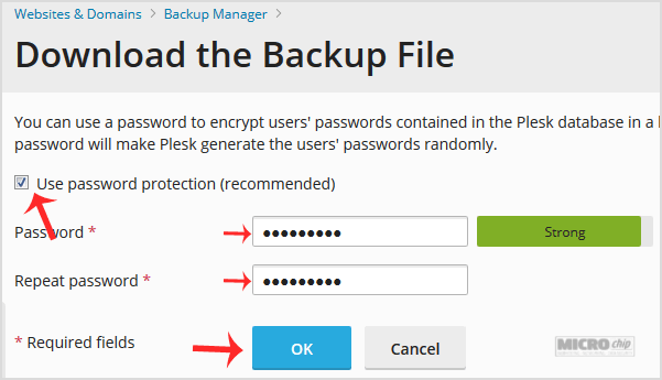 plesk account backup password protection
