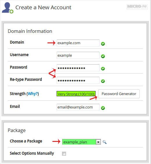 whm reseller create account domaininfo